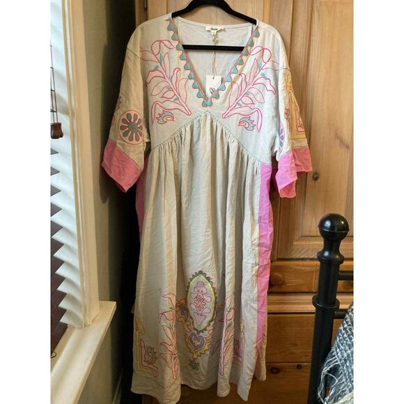 Blue Velvet | NWT Embroidered Boho Flowy Pink/Tan Maxi/midi Dress | Medium - Picture 2 of 7